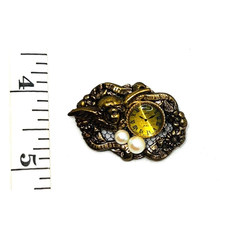 Vintage-Inspired 70’s Bronze Angel Brooch With Faux Pearls & Clock Face Pin - Picture 2 of 3